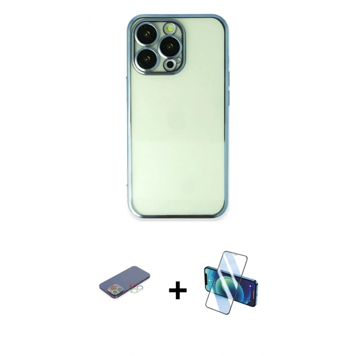 MARSİLYAN™- iPhone 13 Pro Kılıf Vadi Minimal - Siyah 3D Antistatik Seramik Nano Ekran Koruyucu + Renkli Kamera Lens Koruma Cam - MI