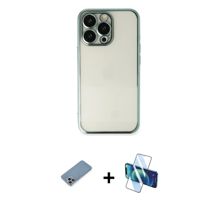 MARSİLYAN™- iPhone 13 Pro Kılıf Vadi Minimal - Siyah 3D Antistatik Seramik Nano Ekran Koruyucu + Shine Kamera Lens Koruma Cam - GI