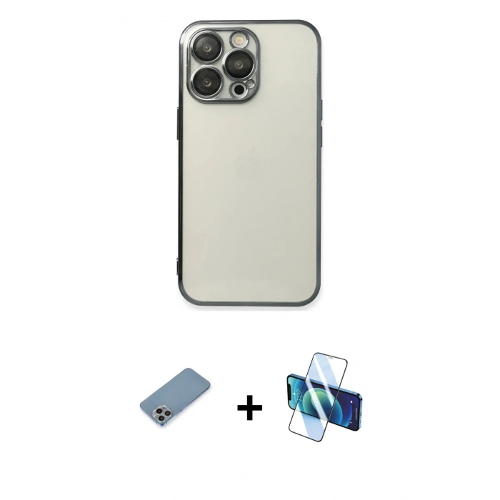 MARSİLYAN™- iPhone 13 Pro Kılıf Vadi Minimal - Siyah 3D Antistatik Seramik Nano Ekran Koruyucu + Shine Kamera Lens Koruma Cam - GI