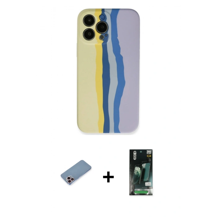 MARSİLYAN™- iPhone 13 Pro Kılıf Yadigar Çizgi - Şeffaf 360 Full Body Arka Koruyucu + Shine Kamera Lens Koruma Cam - PE