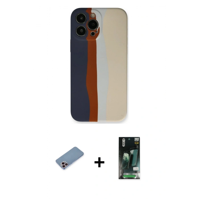 MARSİLYAN™- iPhone 13 Pro Kılıf Yadigar Çizgi - Şeffaf 360 Full Body Arka Koruyucu + Shine Kamera Lens Koruma Cam - PE