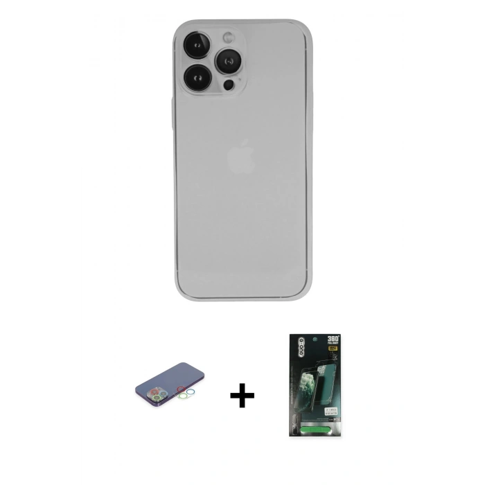 MARSİLYAN™- iPhone 13 Pro Kılıf Yadigar Yansıma Serisi - Şeffaf 360 Full Body Arka Koruyucu + Mavi Renkli Kamera Lens Koruma Cam