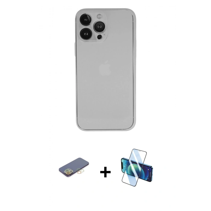 MARSİLYAN™- iPhone 13 Pro Kılıf Yadigar Yansıma Serisi - Siyah 3D Antistatik Seramik Nano Ekran Koruyucu + Renkli Kamera Lens Koruma Cam - SI