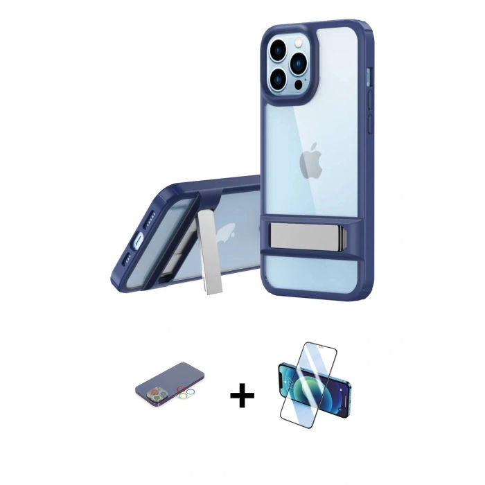 MARSİLYAN™- iPhone 13 Pro Kılıf Yadigar Yansıma - Siyah 3D Antistatik Seramik Nano Ekran Koruyucu + Renkli Kamera Lens Koruma Cam - MI