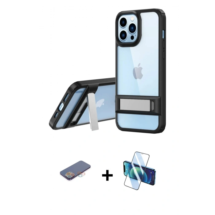 MARSİLYAN™- iPhone 13 Pro Kılıf Yadigar Yansıma - Siyah 3D Antistatik Seramik Nano Ekran Koruyucu + Renkli Kamera Lens Koruma Cam - PE