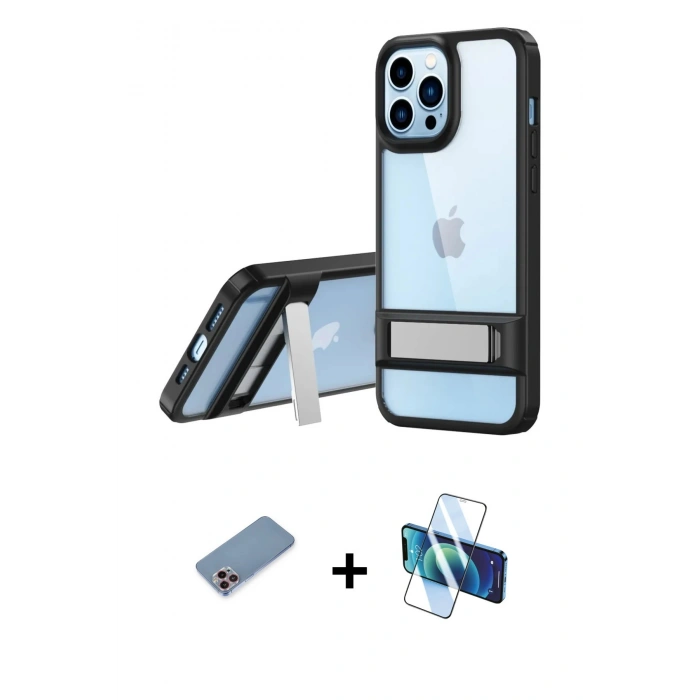 MARSİLYAN™- iPhone 13 Pro Kılıf Yadigar Yansıma - Siyah 3D Antistatik Seramik Nano Ekran Koruyucu + Shine Kamera Lens Koruma Cam - PE