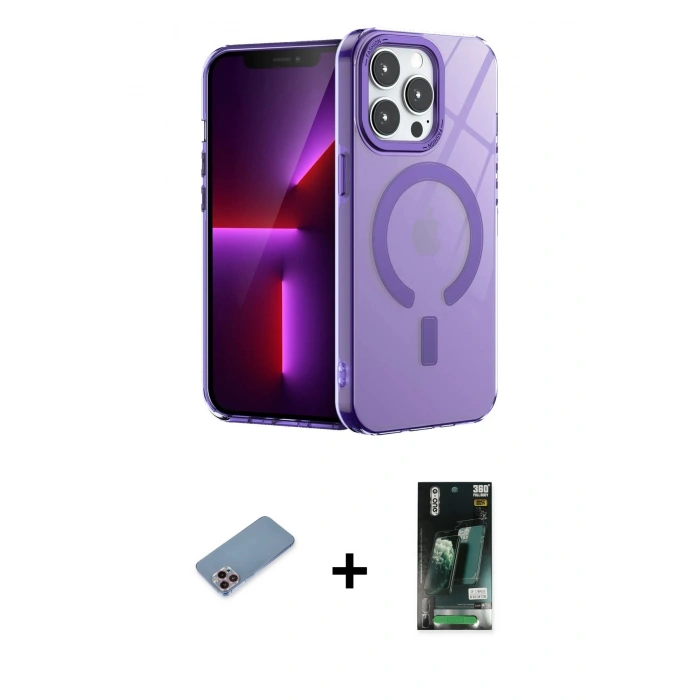 MARSİLYAN™- iPhone 13 Pro Kılıf Yankı Çizgi - Şeffaf 360 Full Body Arka Koruyucu + Shine Kamera Lens Koruma Cam - PE
