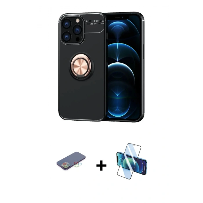 MARSİLYAN™- iPhone 13 Pro Kılıf Yankı Form Prime - Siyah 3D Antistatik Seramik Nano Ekran Koruyucu + Renkli Kamera Lens Koruma Cam - MI