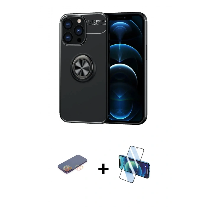 MARSİLYAN™- iPhone 13 Pro Kılıf Yankı Form Prime - Siyah 3D Antistatik Seramik Nano Ekran Koruyucu + Turuncu Renkli Kamera Lens Koruma Cam
