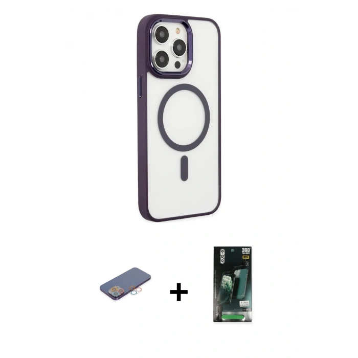 MARSİLYAN™- iPhone 13 Pro Kılıf Yankı Işık Özel Seri - Şeffaf 360 Full Body Arka Koruyucu + Pembe Renkli Kamera Lens Koruma Cam