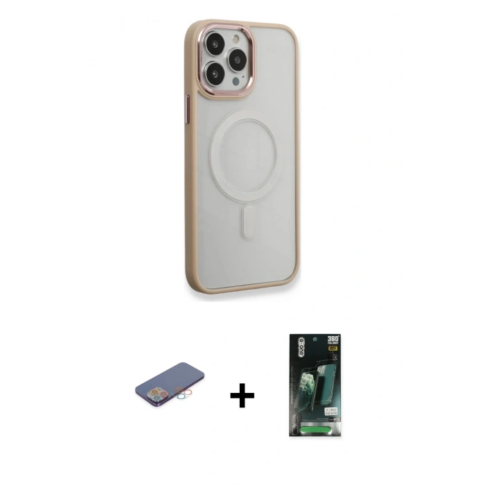 MARSİLYAN™- iPhone 13 Pro Kılıf Yankı Işık Özel Seri - Şeffaf 360 Full Body Arka Koruyucu + Pembe Renkli Kamera Lens Koruma Cam