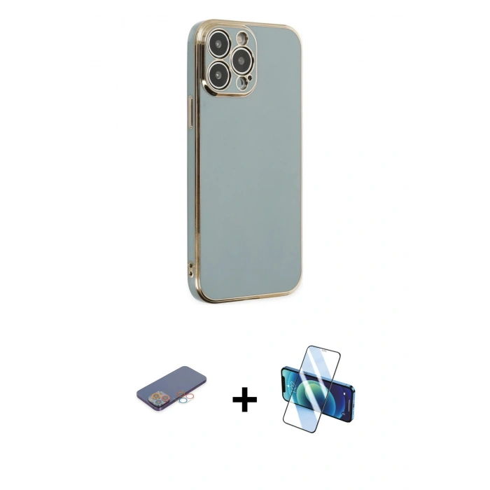 MARSİLYAN™- iPhone 13 Pro Kılıf Yankı Serisi - Siyah 3D Antistatik Seramik Nano Ekran Koruyucu + Renkli Kamera Lens Koruma Cam - PE