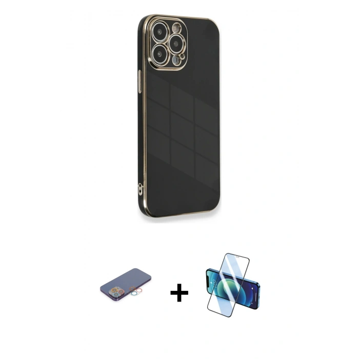 MARSİLYAN™- iPhone 13 Pro Kılıf Yankı Serisi - Siyah 3D Antistatik Seramik Nano Ekran Koruyucu + Renkli Kamera Lens Koruma Cam - PE