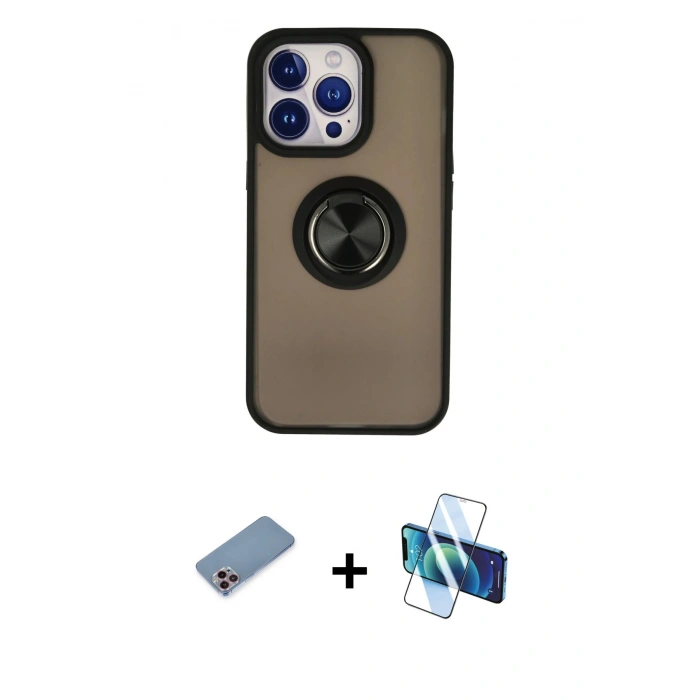 MARSİLYAN™- iPhone 13 Pro Kılıf Yörünge Çizgi - Siyah 3D Antistatik Seramik Nano Ekran Koruyucu + Shine Kamera Lens Koruma Cam - PE