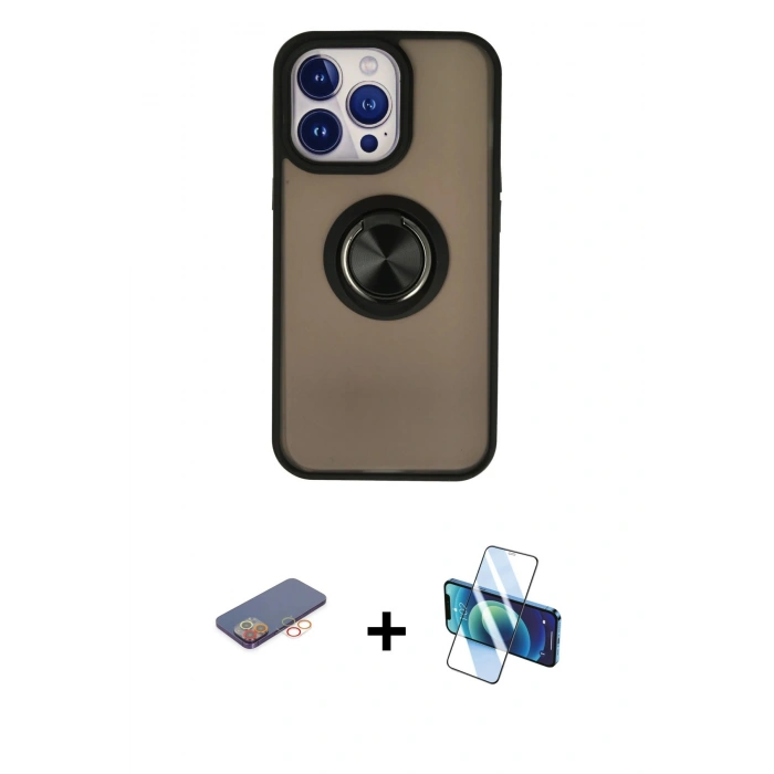 MARSİLYAN™- iPhone 13 Pro Kılıf Yörünge Çizgi - Siyah 3D Antistatik Seramik Nano Ekran Koruyucu + Renkli Kamera Lens Koruma Cam - TU