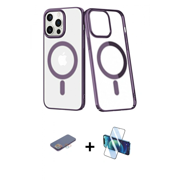 MARSİLYAN™- iPhone 13 Pro Kılıf Yörünge Minimal - Siyah 3D Antistatik Seramik Nano Ekran Koruyucu + Renkli Kamera Lens Koruma Cam - PE