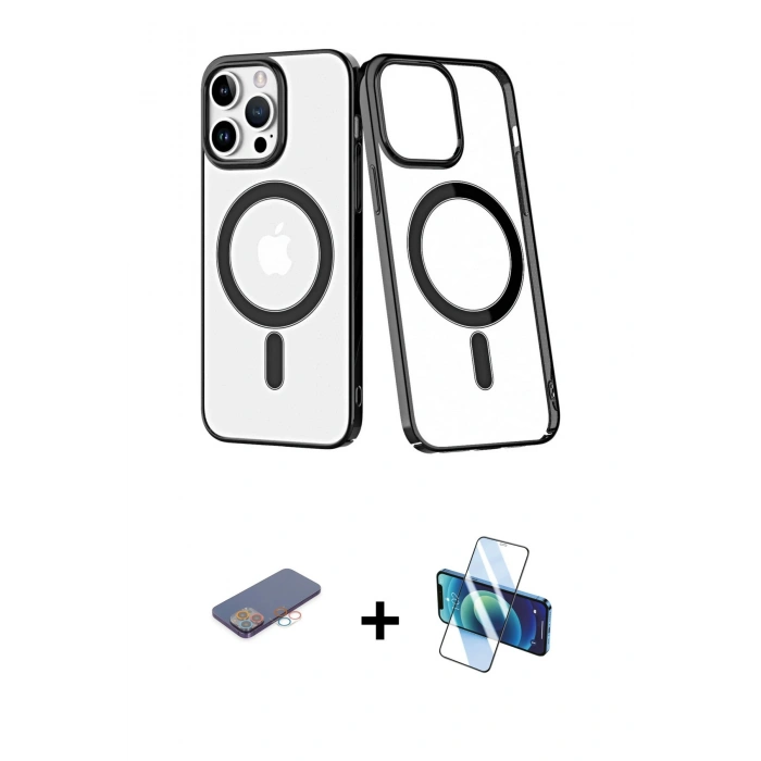 MARSİLYAN™- iPhone 13 Pro Kılıf Yörünge Minimal - Siyah 3D Antistatik Seramik Nano Ekran Koruyucu + Renkli Kamera Lens Koruma Cam - PE