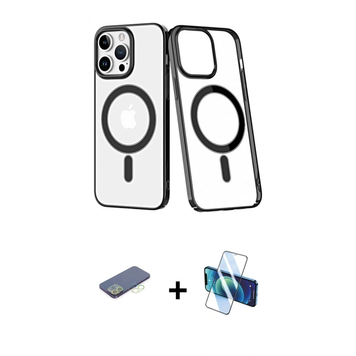 MARSİLYAN™- iPhone 13 Pro Kılıf Yörünge Minimal - Siyah 3D Antistatik Seramik Nano Ekran Koruyucu + Renkli Kamera Lens Koruma Cam - YL