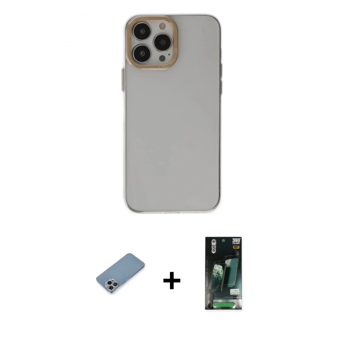 MARSİLYAN™- iPhone 13 Pro Kılıf Zirve Doku Koleksiyonu - Şeffaf 360 Full Body Arka Koruyucu + Shine Kamera Lens Koruma Cam - GI