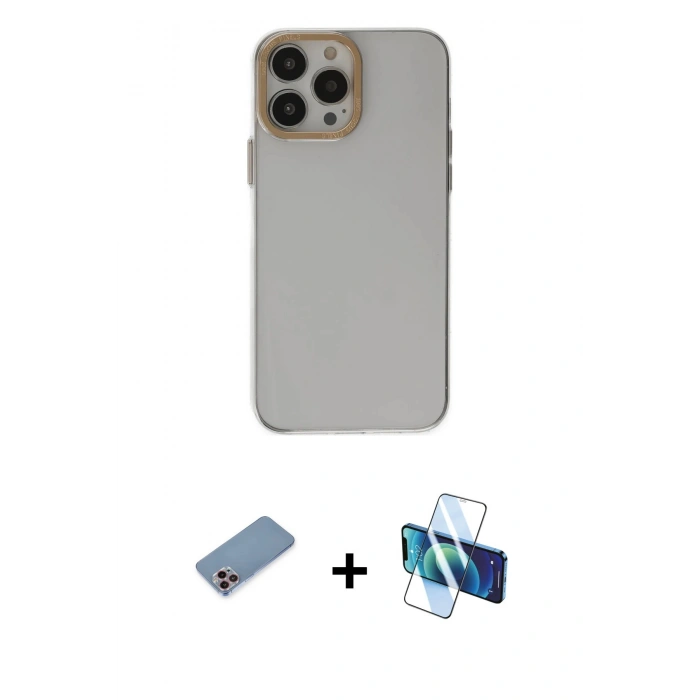 MARSİLYAN™- iPhone 13 Pro Kılıf Zirve Doku Koleksiyonu - Siyah 3D Antistatik Seramik Nano Ekran Koruyucu + Shine Kamera Lens Koruma Cam - PE