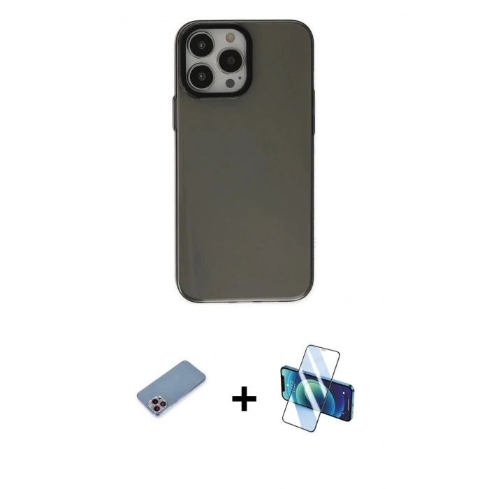 MARSİLYAN™- iPhone 13 Pro Kılıf Zirve Doku Koleksiyonu - Siyah 3D Antistatik Seramik Nano Ekran Koruyucu + Shine Kamera Lens Koruma Cam - PE