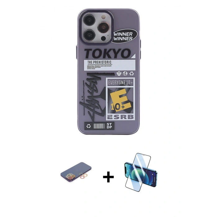 MARSİLYAN™- iPhone 13 Pro Kılıf Zirve Form Özel Seri - Siyah 3D Antistatik Seramik Nano Ekran Koruyucu + Renkli Kamera Lens Koruma Cam - TU