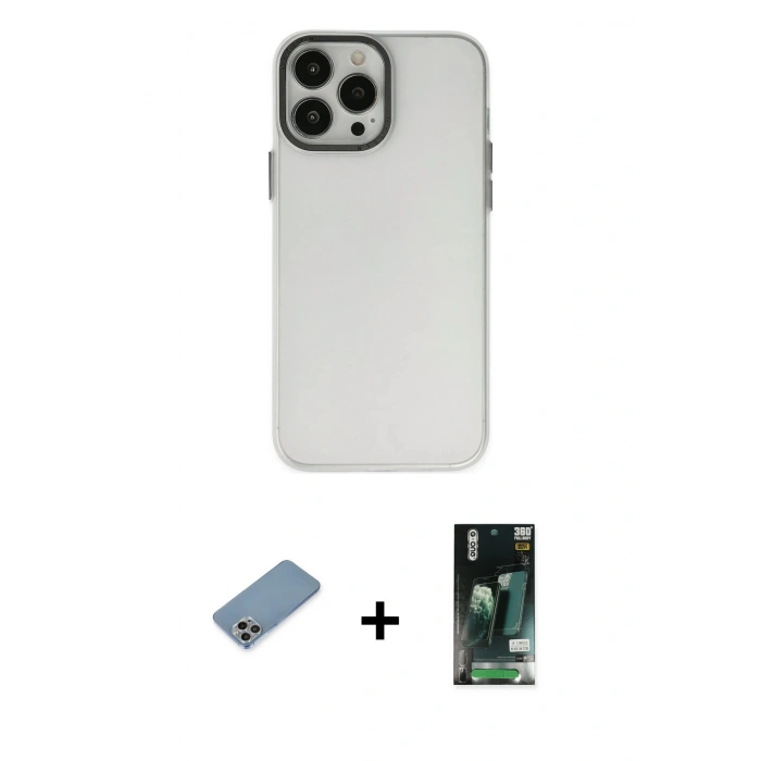 MARSİLYAN™- iPhone 13 Pro Max Kılıf Ahenk Çizgi Prime - Şeffaf 360 Full Body Arka Koruyucu + Gökkuşağı Shine Kamera Lens Koruma Cam