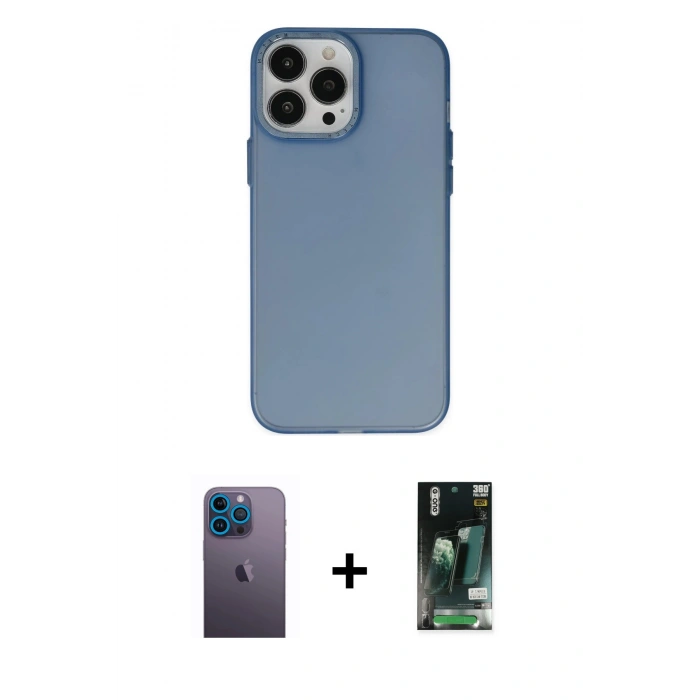 MARSİLYAN™- iPhone 13 Pro Max Kılıf Ahenk Çizgi Prime - Şeffaf 360 Full Body Arka Koruyucu + Mavi Neon Fosforlu Kamera Lens