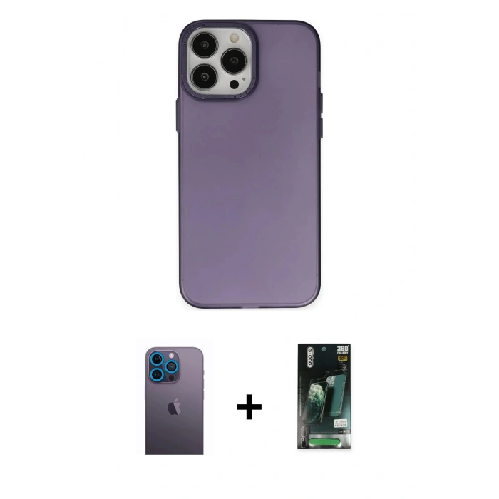 MARSİLYAN™- iPhone 13 Pro Max Kılıf Ahenk Çizgi Prime - Şeffaf 360 Full Body Arka Koruyucu + Mavi Neon Fosforlu Kamera Lens