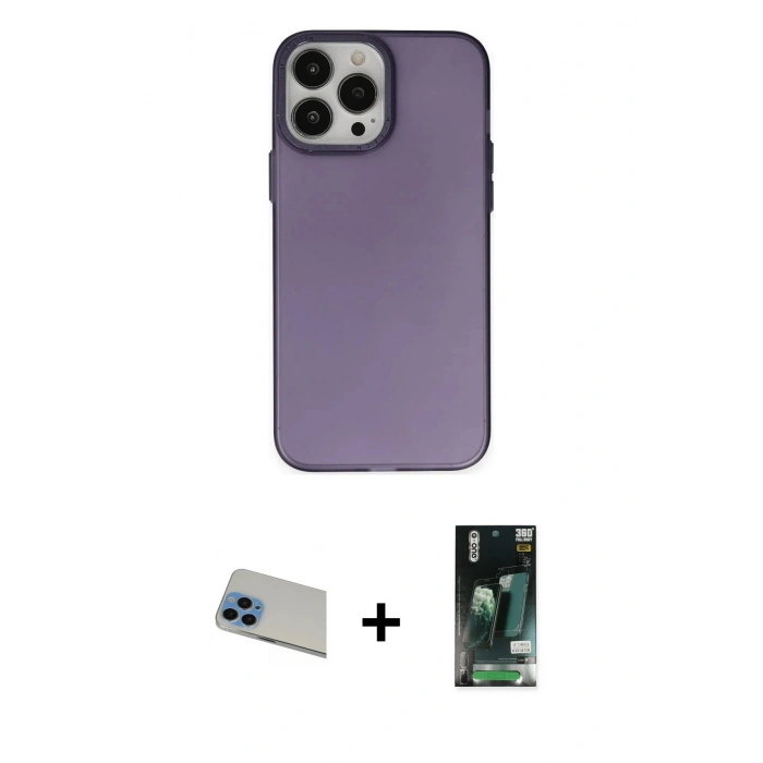 MARSİLYAN™- iPhone 13 Pro Max Kılıf Ahenk Çizgi Prime - Şeffaf 360 Full Body Arka Koruyucu + Mavi Rainbow Kamera Lens Koruma Cam