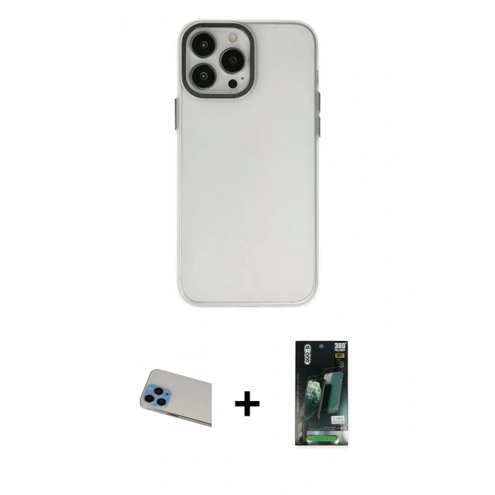 MARSİLYAN™- iPhone 13 Pro Max Kılıf Ahenk Çizgi Prime - Şeffaf 360 Full Body Arka Koruyucu + Mavi Rainbow Kamera Lens Koruma Cam