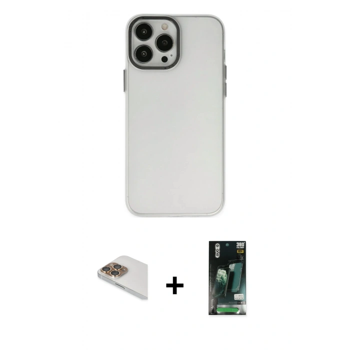 MARSİLYAN™- iPhone 13 Pro Max Kılıf Ahenk Çizgi Prime - Şeffaf 360 Full Body Arka Koruyucu + Pers Alüminyum Kamera Lens - GD