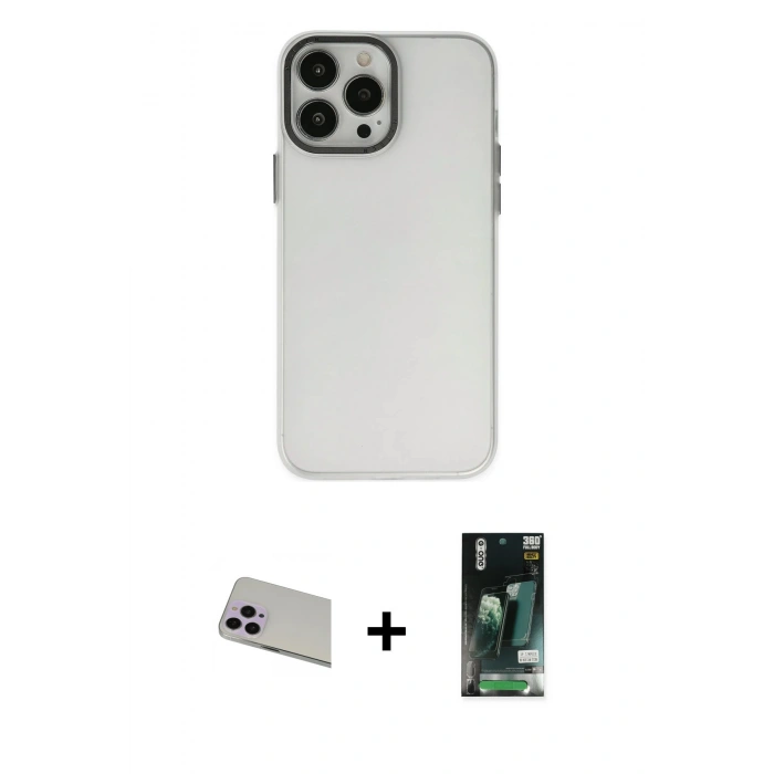 MARSİLYAN™- iPhone 13 Pro Max Kılıf Ahenk Çizgi Prime - Şeffaf 360 Full Body Arka Koruyucu + Rainbow Kamera Lens Koruma Cam - MR