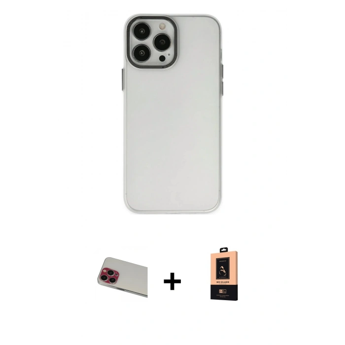 MARSİLYAN™- iPhone 13 Pro Max Kılıf Ahenk Çizgi Prime - Şeffaf Maxco Cam Ekran Koruyucu + Kırmızı Rainbow Kamera Lens Koruma Cam