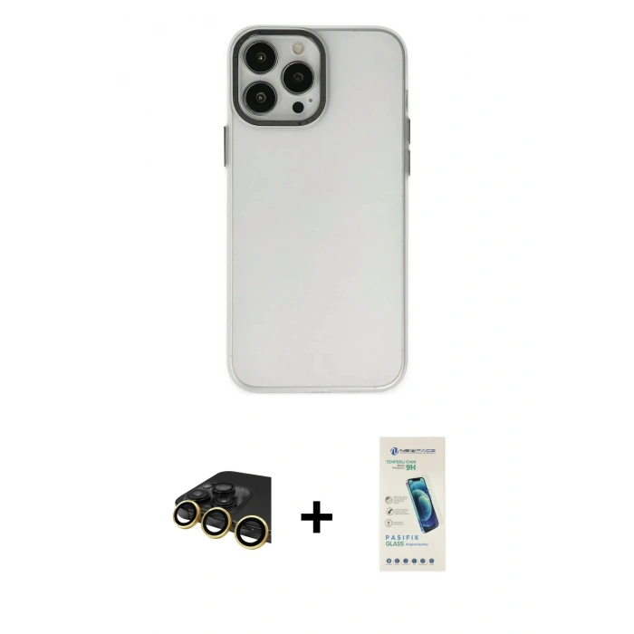 MARSİLYAN™- iPhone 13 Pro Max Kılıf Ahenk Çizgi Prime - Şeffaf Pasifik Cam Ekran Koruyucu + Raze Metal Kamera Lens - GD