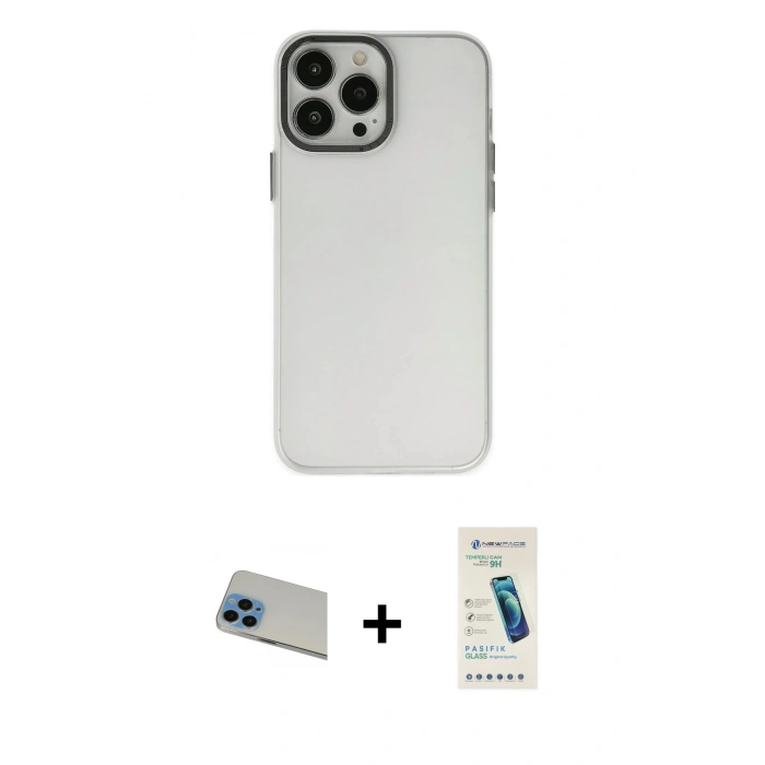 MARSİLYAN™- iPhone 13 Pro Max Kılıf Ahenk Çizgi Prime - Şeffaf Pasifik Cam Ekran Koruyucu + Rainbow Kamera Lens Koruma Cam - MI