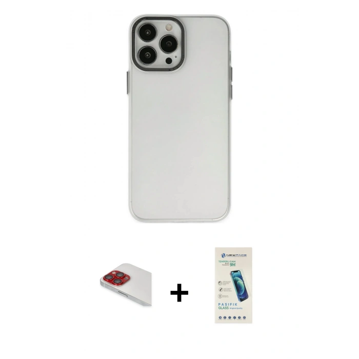 MARSİLYAN™- iPhone 13 Pro Max Kılıf Ahenk Çizgi Prime - Şeffaf Pasifik Cam Ekran Koruyucu + Pers Alüminyum Kamera Lens - KI