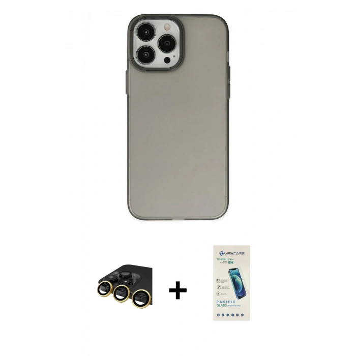 MARSİLYAN™- iPhone 13 Pro Max Kılıf Ahenk Çizgi Prime - Şeffaf Pasifik Cam Ekran Koruyucu + Raze Metal Kamera Lens - GD
