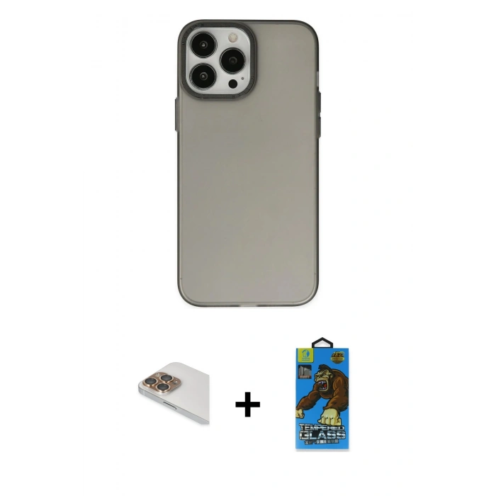 MARSİLYAN™- iPhone 13 Pro Max Kılıf Ahenk Çizgi Prime - Siyah 18D Cam Ekran Koruyucu + Pers Alüminyum Kamera Lens - GD