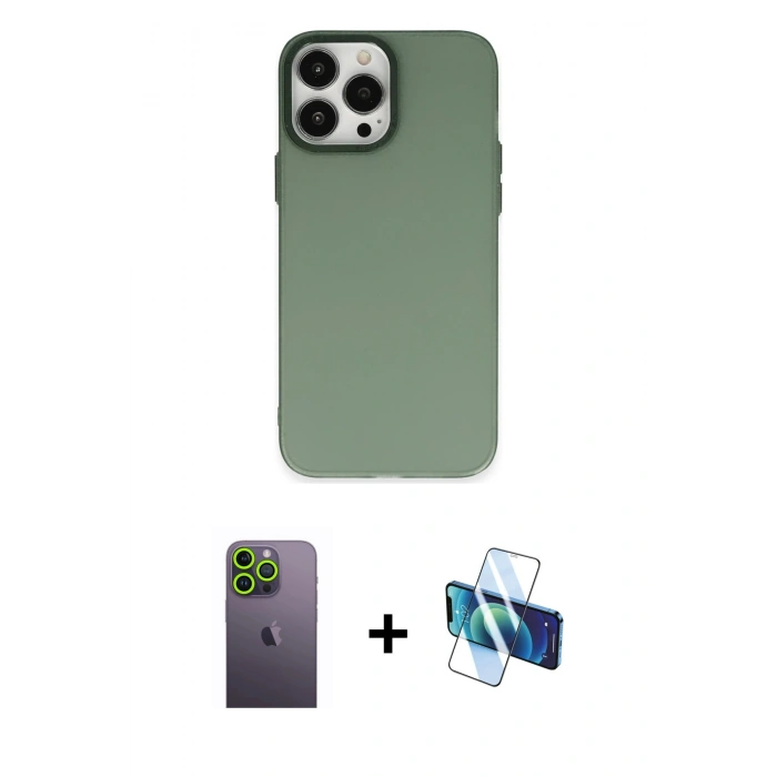 MARSİLYAN™- iPhone 13 Pro Max Kılıf Ahenk Çizgi Prime - Siyah 3D Antistatik Cam Ekran Koruyucu + Neon Fosforlu Kamera Lens - YL