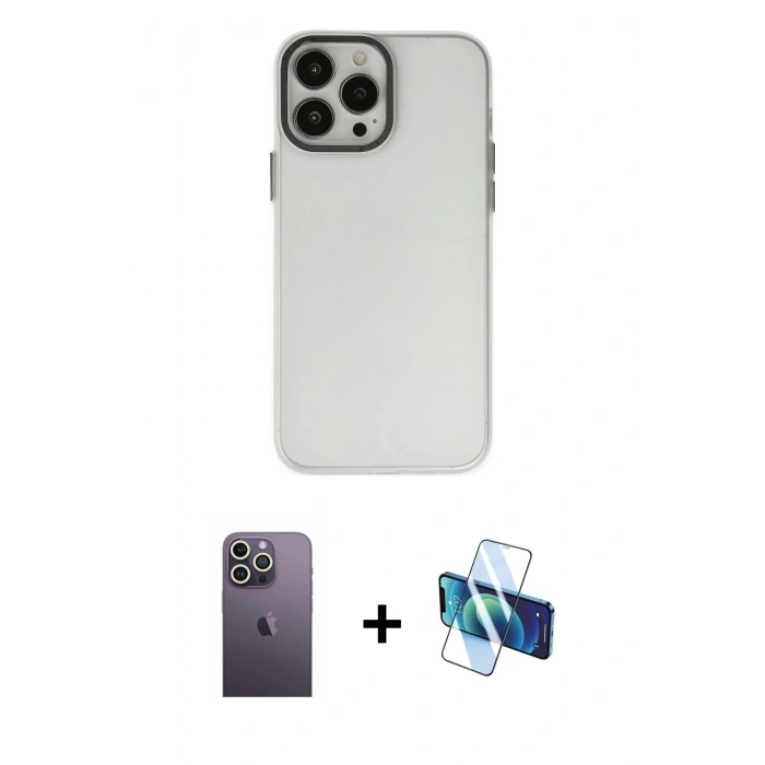 MARSİLYAN™- iPhone 13 Pro Max Kılıf Ahenk Çizgi Prime - Siyah 3D Antistatik Cam Ekran Koruyucu + Neon Fosforlu Kamera Lens - BZ