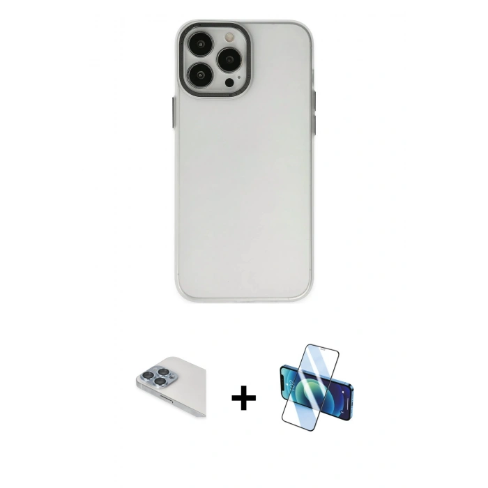 MARSİLYAN™- iPhone 13 Pro Max Kılıf Ahenk Çizgi Prime - Siyah 3D Antistatik Cam Ekran Koruyucu + Pers Alüminyum Kamera Lens - SABE