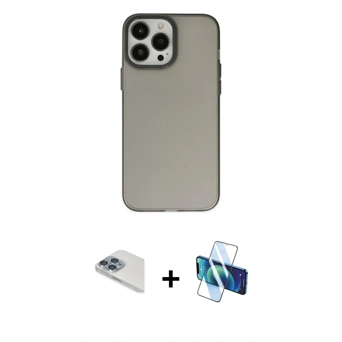 MARSİLYAN™- iPhone 13 Pro Max Kılıf Ahenk Çizgi Prime - Siyah 3D Antistatik Cam Ekran Koruyucu + Pers Alüminyum Kamera Lens - SABE