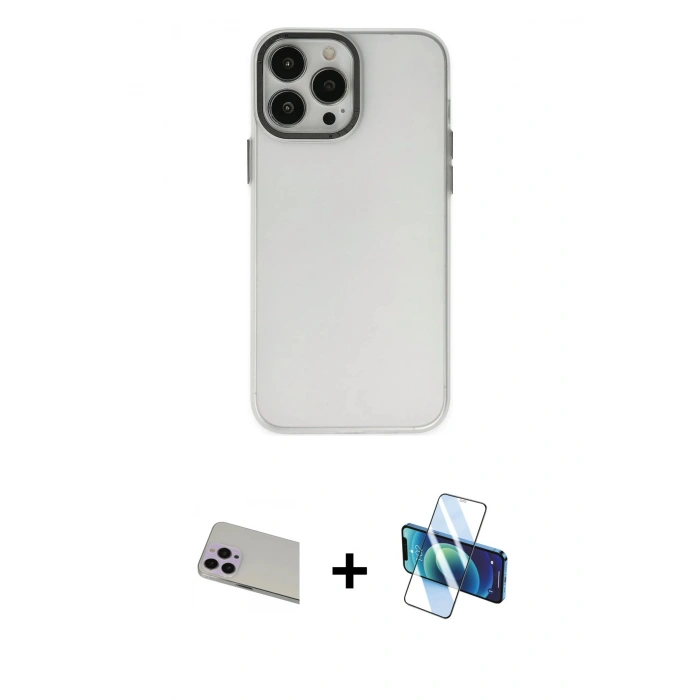 MARSİLYAN™- iPhone 13 Pro Max Kılıf Ahenk Çizgi Prime - Siyah 3D Antistatik Cam Ekran Koruyucu + Rainbow Kamera Lens Koruma Cam - MR