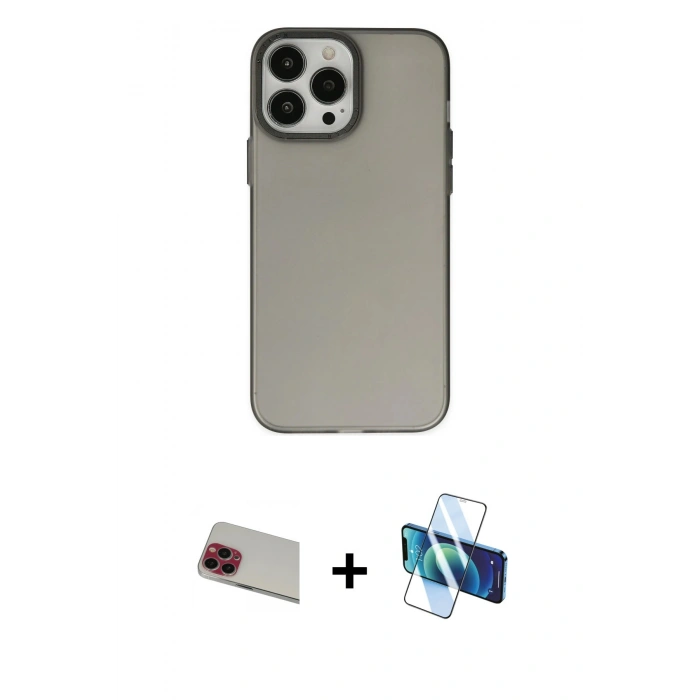 MARSİLYAN™- iPhone 13 Pro Max Kılıf Ahenk Çizgi Prime - Siyah 3D Antistatik Cam Ekran Koruyucu + Rainbow Kamera Lens Koruma Cam - KI