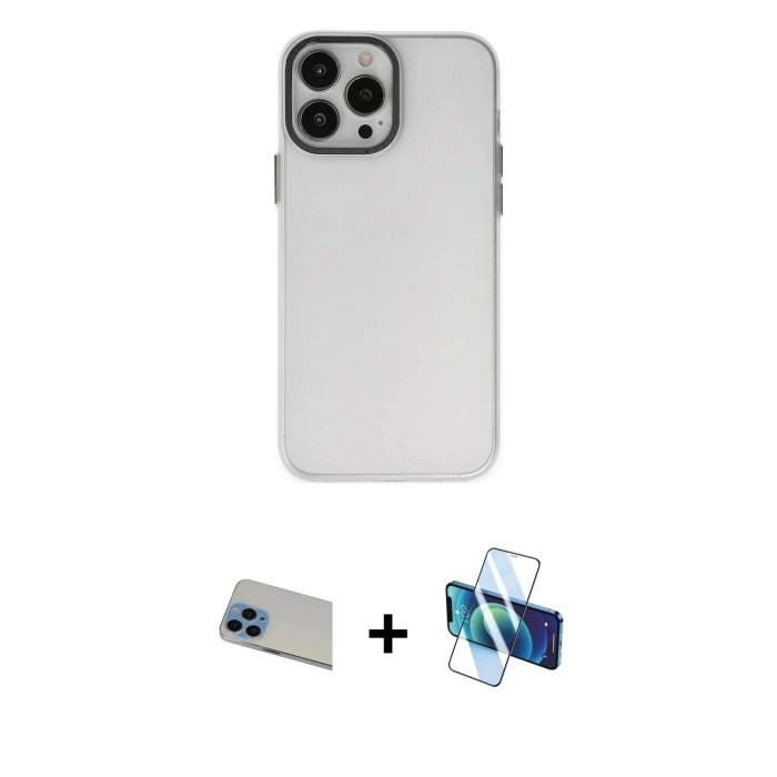 MARSİLYAN™- iPhone 13 Pro Max Kılıf Ahenk Çizgi Prime - Siyah 3D Antistatik Cam Ekran Koruyucu + Rainbow Kamera Lens Koruma Cam - MI
