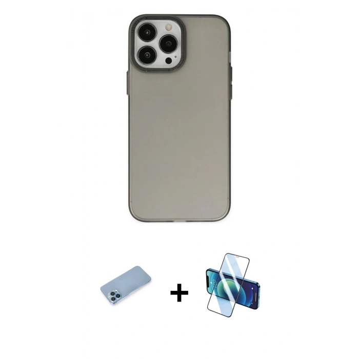 MARSİLYAN™- iPhone 13 Pro Max Kılıf Ahenk Çizgi Prime - Siyah 3D Antistatik Cam Ekran Koruyucu + Shine Kamera Lens Koruma Cam - MI