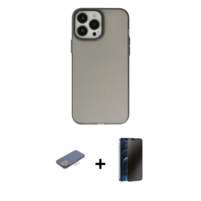 MARSİLYAN™- iPhone 13 Pro Max Kılıf Ahenk Çizgi Prime - Siyah 3D Antistatik Hayalet Cam Ekran Koruyucu + Renkli Kamera Lens Koruma Cam - PE