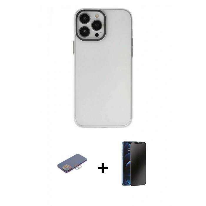 MARSİLYAN™- iPhone 13 Pro Max Kılıf Ahenk Çizgi Prime - Siyah 3D Antistatik Hayalet Cam Ekran Koruyucu + Renkli Kamera Lens Koruma Cam - PE