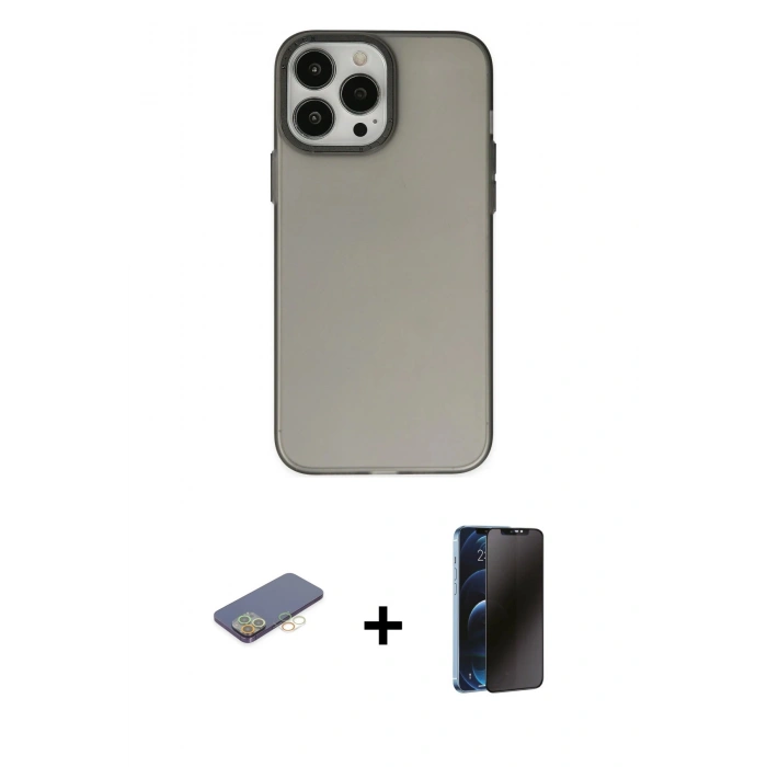 MARSİLYAN™- iPhone 13 Pro Max Kılıf Ahenk Çizgi Prime - Siyah 3D Antistatik Hayalet Cam Ekran Koruyucu + Renkli Kamera Lens Koruma Cam - SI